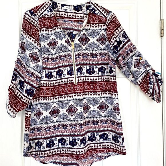 Long Sleeves Shirt Tunic Elephants Sz Small - Picture 1 of 3